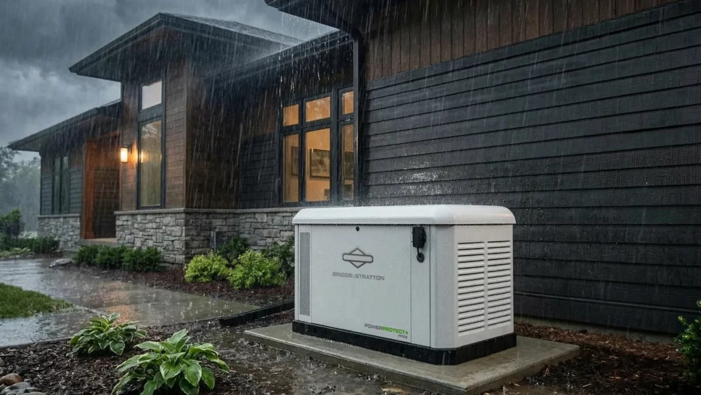 A Briggs & Stratton generator powering on during an East Texas storm