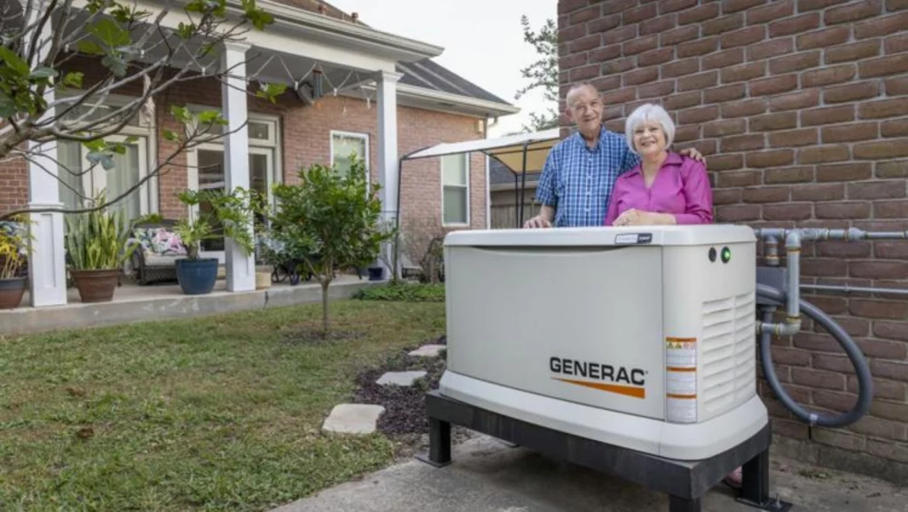 Generac Whole-Home Generator Installation Texan husband and wife standing over their newly installed Generac generator.